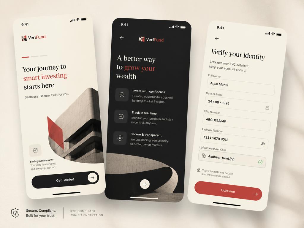 Fintech onboarding mobile app screens showing welcome, value proposition, and KYC verification steps